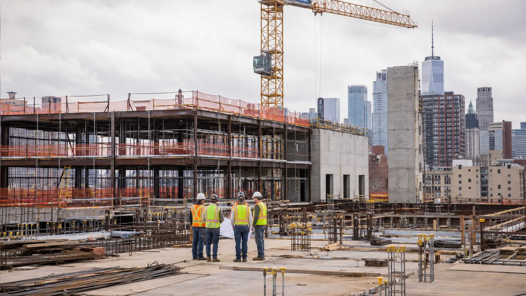 Obra en curso en la ciudad de Nueva York que ilustra las muertes laborales en el sector de la construcción en 2024 y la seguridad en el trabajo.
