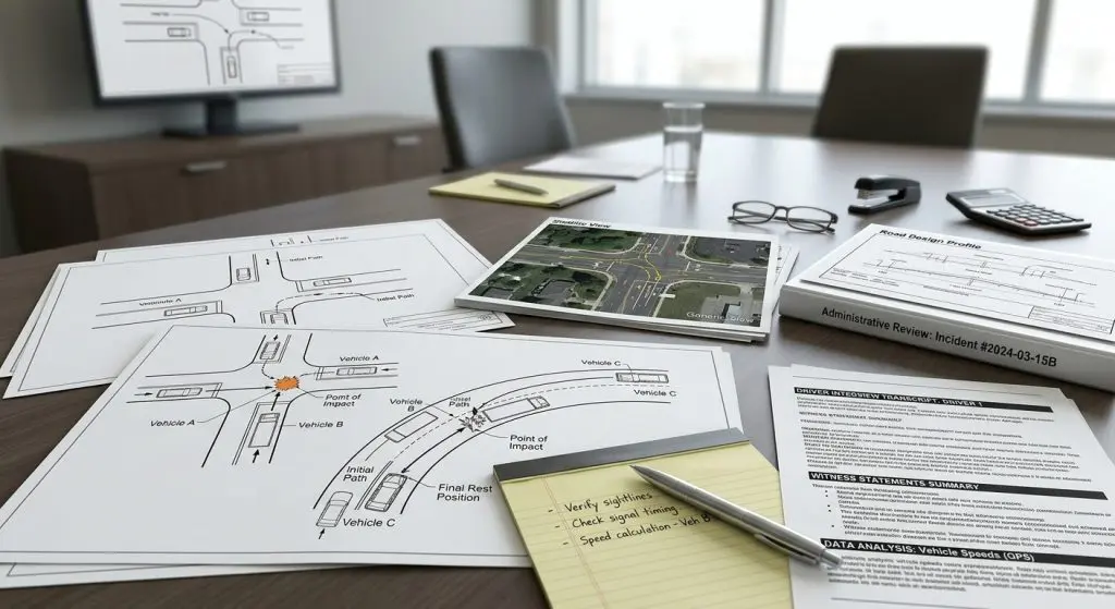 Neutral vehicle diagrams and records representing review of a serious Belt Parkway crash.