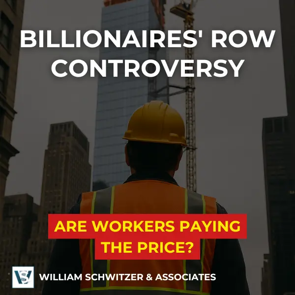 construction worker on the background with the blog title "Billionaires’ Row Controversy: Are NYC Construction Workers Paying the Price for a $100 Million Cover-Up?"