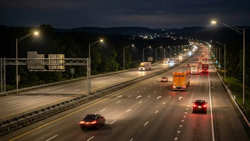 Nighttime interstate highway scene with multiple tractor trailers representing a fatal tractor trailer crash investigation context.