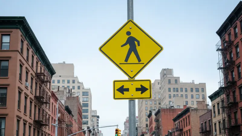Señal de paso de peatones que pone de manifiesto los problemas de seguridad tras la muerte de un peatón en un accidente ocurrido en el condado de Orange, Nueva York