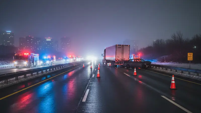 Two New York State Police SUVs with flashing lights and traffic cones close lanes near a highway sign reading “Exit 7A – Greenburgh” during a crash investigation at night.