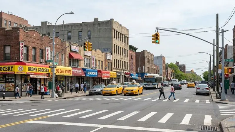 Bronx streetscape illustrating the setting associated with a Bronx pedestrian hit-and-run victim case, with crosswalks and normal traffic.