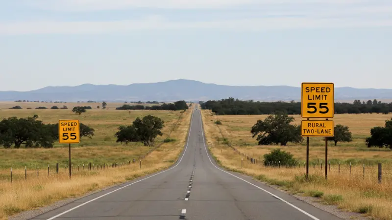 Escena en una carretera rural que ilustra la investigación sobre velocidad y accidentes de la Iniciativa de Datos de Seguridad del Departamento de Transporte de EE. UU. (DOT)