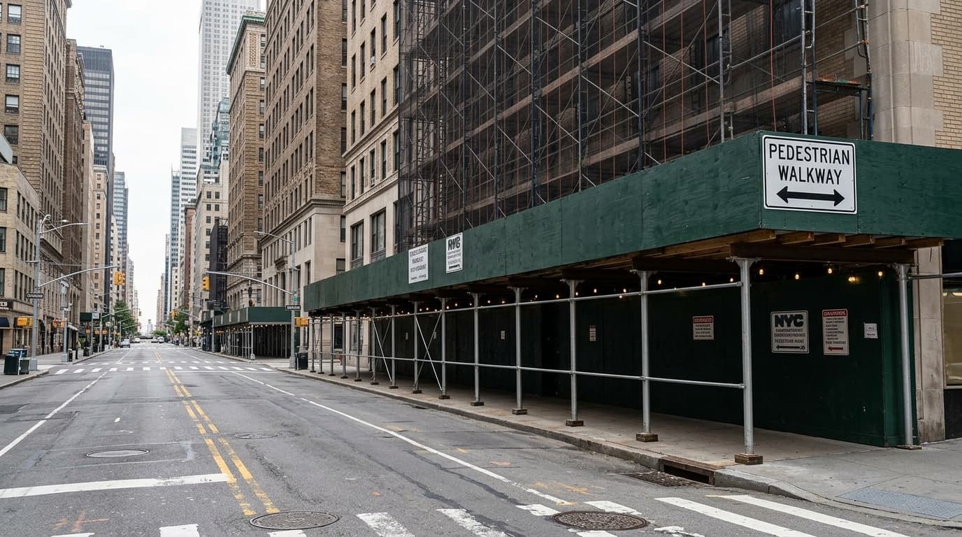 Scaffolding Crash in Midtown illustration showing the relationship between a Manhattan roadway and sidewalk scaffolding.