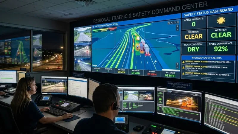 Traffic monitoring center analyzing highway crash data related to fatal tractor trailer crash investigations.