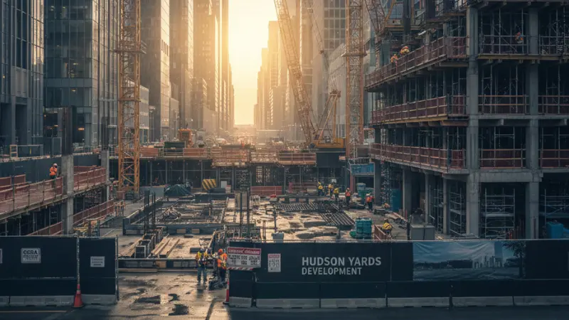 Construction Accident Trends 2026, workers at a New York City construction site with safety gear and cranes.