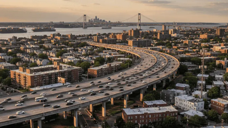 Overhead view of Staten Island Expressway with dense traffic and curved overpasses, highlighting dangers of speeding on NYC highways