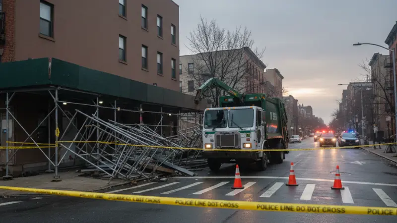 Garbage truck stopped near collapsed scaffolding at East 101st Street and First Avenue in East Harlem, New York City.