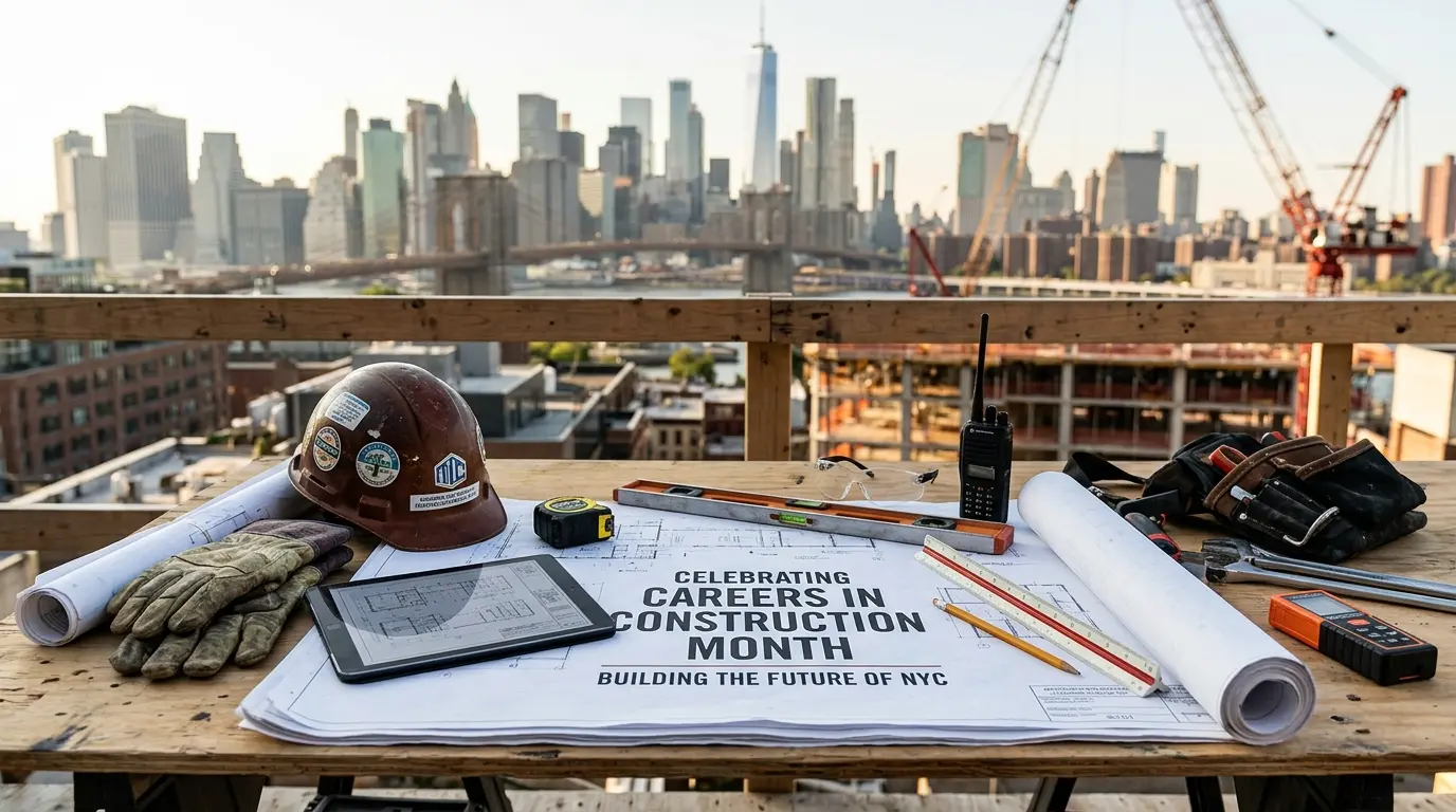 Planos de construcción, casco de seguridad, herramientas y el perfil urbano de Nueva York, que representan los oficios cualificados durante el Mes de las Profesiones de la Construcción.