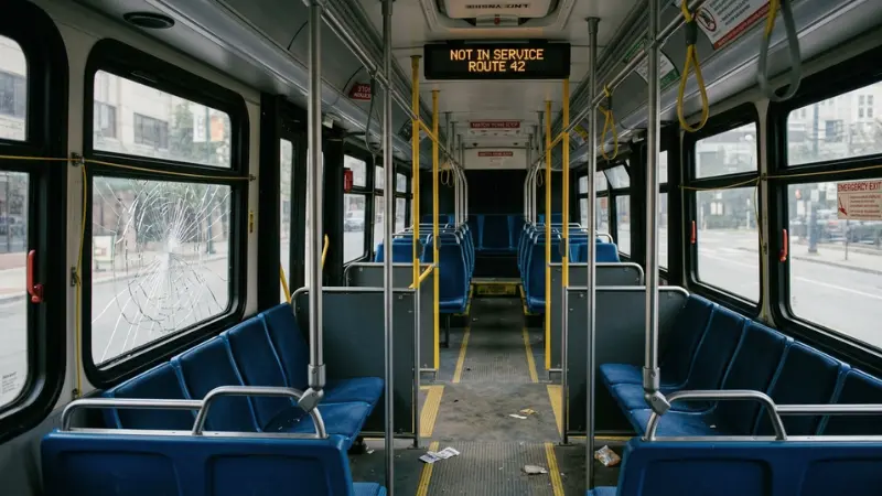 Inside view of a bus showing minor damage after a Manhattan Bridge bus crash