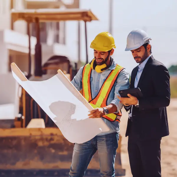 Dos obreros de la construcción, con cascos y equipo de seguridad, revisan juntos unos documentos en una obra en curso, rodeados de andamios y estructuras de obra.