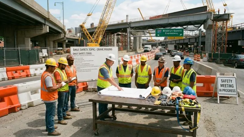 Construction workers attending a safety meeting near an overpass following a Parkway Overpass Fall scenario.