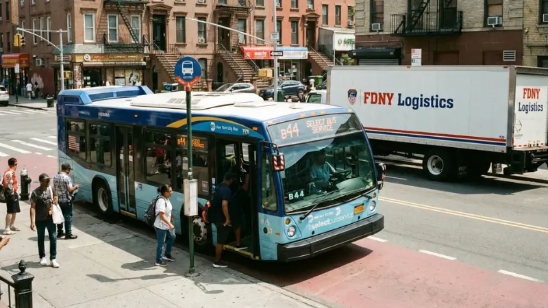 Public transit bus and commercial truck in Brooklyn street setting representing the B36 Bus Crash in Coney Island.