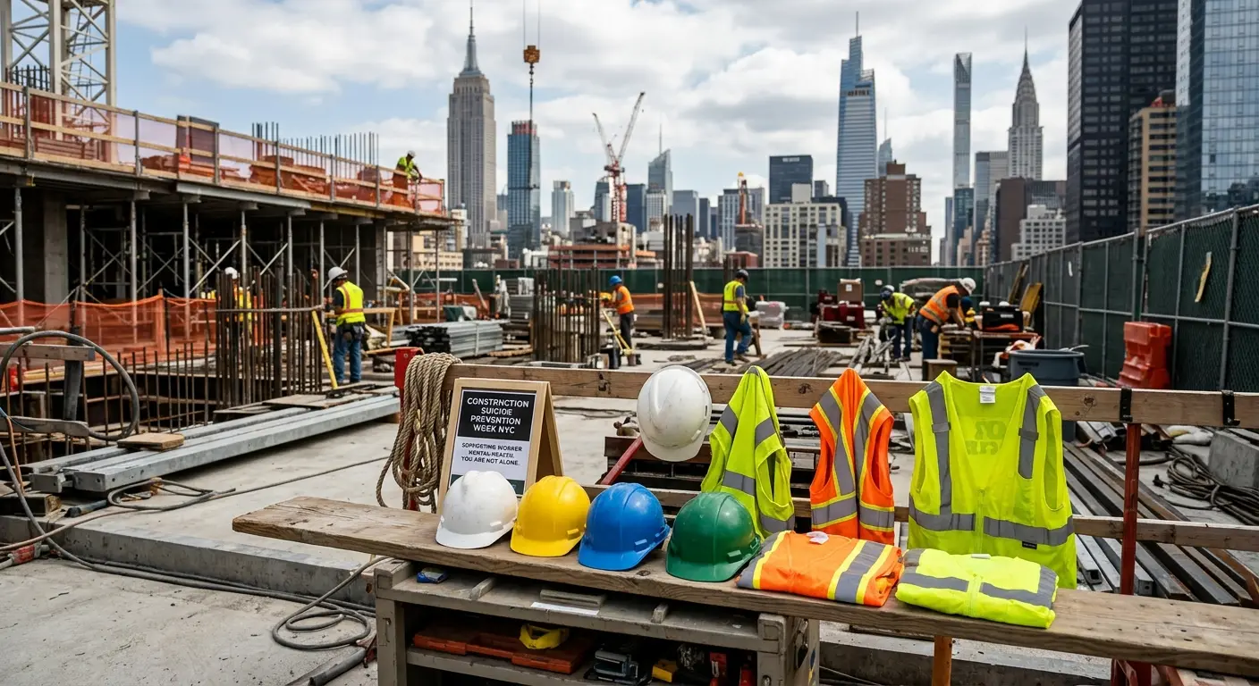 Cascos y equipos de seguridad en una obra de la ciudad de Nueva York, en el marco de la Semana de Prevención del Suicidio en el Sector de la Construcción de Nueva York y en apoyo a la salud mental de los trabajadores.