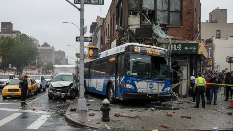 Emergency response at a bus accident site in NYC, highlighting motor vehicle injury cases.