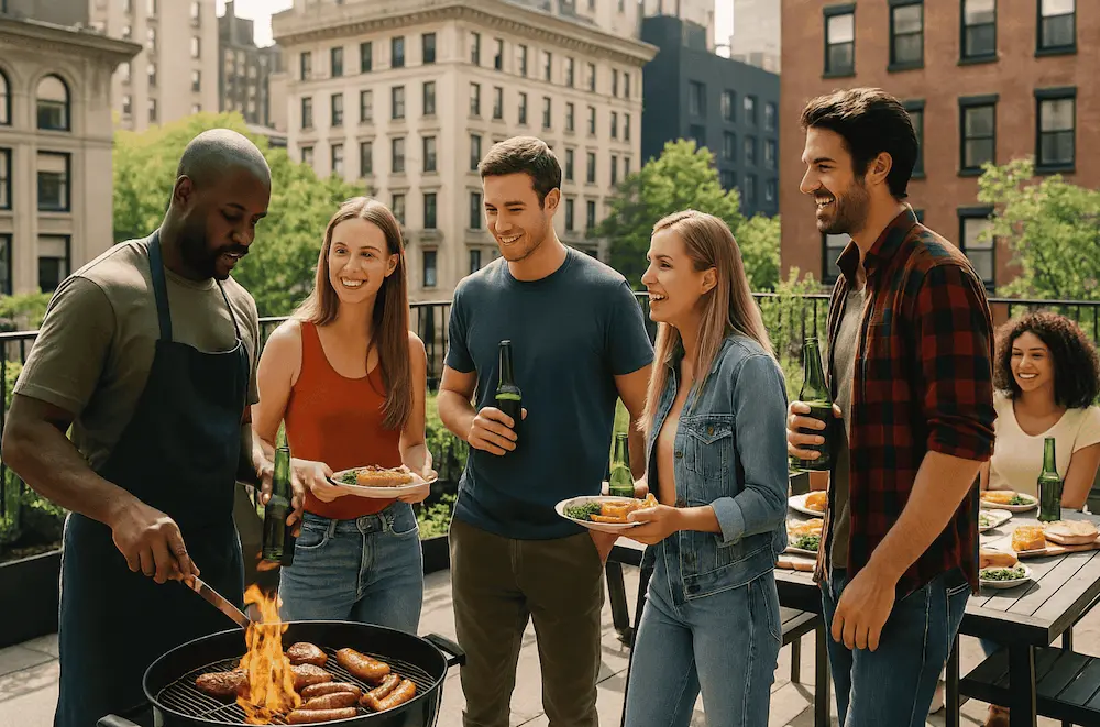 Amigos disfrutando de una barbacoa en una azotea con una parrilla y el horizonte de la ciudad al fondo.