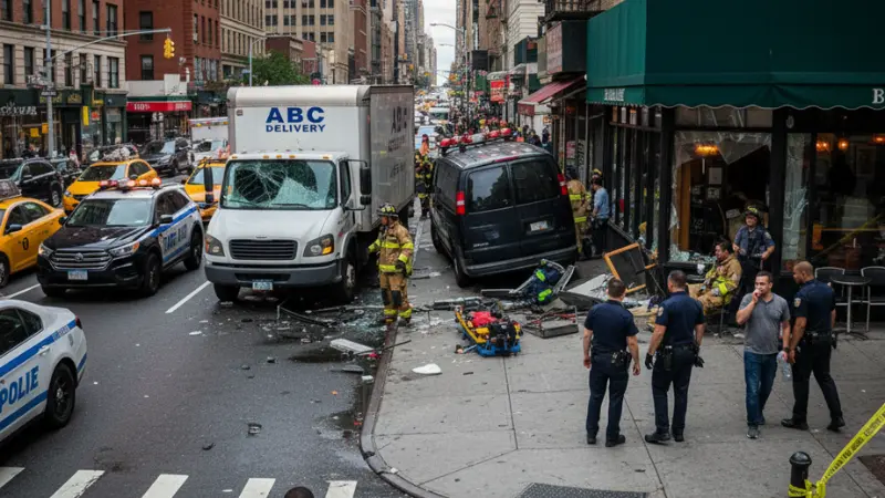 Los servicios de emergencia atienden a las víctimas tras un accidente en el que un camión se ha estrellado contra una furgoneta en Midtown, dejando 10 heridos y escombros esparcidos por una concurrida acera de la ciudad de Nueva York.