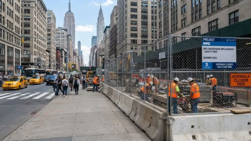 El tráfico de la ciudad de Nueva York y un proyecto de obras con medidas de seguridad que refleja los accidentes ocurridos en Nueva York durante la temporada de verano.