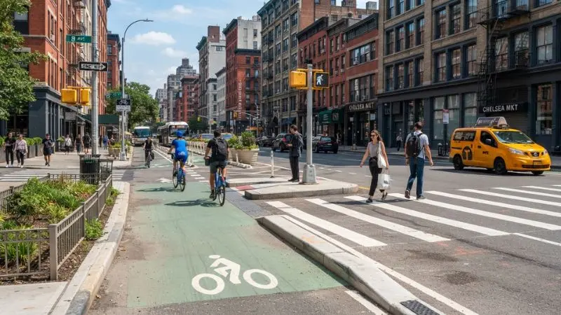 Pasaje peatonal protegido, carril bici, semáforos e infraestructura de seguridad peatonal en una calle de la ciudad de Nueva York.