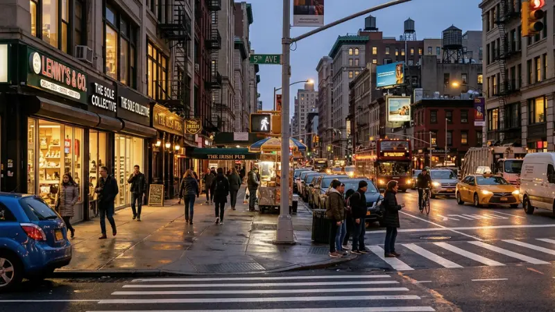 Busy Manhattan intersection with sidewalk and crosswalk infrastructure related to a Manhattan pedestrian crash.