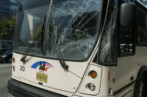 Autobús de NJ Transit dañado, con el parabrisas destrozado, tras el accidente ocurrido en Port Authority, en el que resultaron 29 heridos y una persona sufrió una conmoción cerebral.