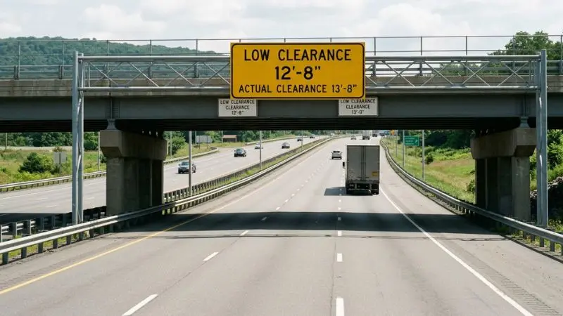 Highway bridge clearance sign and commercial truck illustrating vehicle-height context related to an I-87 bridge truck crash.