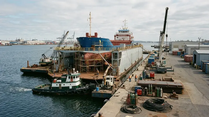 Alt Text: Wide view of an industrial shipyard and dry dock representing the Staten Island shipyard explosion setting in New York.