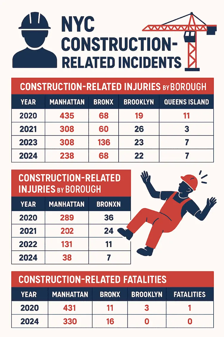 Infografía sobre las estadísticas de accidentes de construcción en Nueva York entre 2020 y 2024