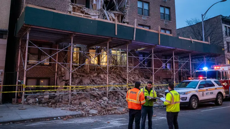 Realistic digital illustration of a Bronx construction site after an NYC Construction Accident, showing collapsed scaffolding, debris, and investigators assessing the damage.