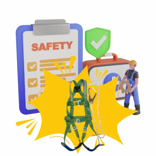 Ilustración en 3D de la seguridad en la construcción con un mensaje de alerta y un equipo de protección contra caídas delante.