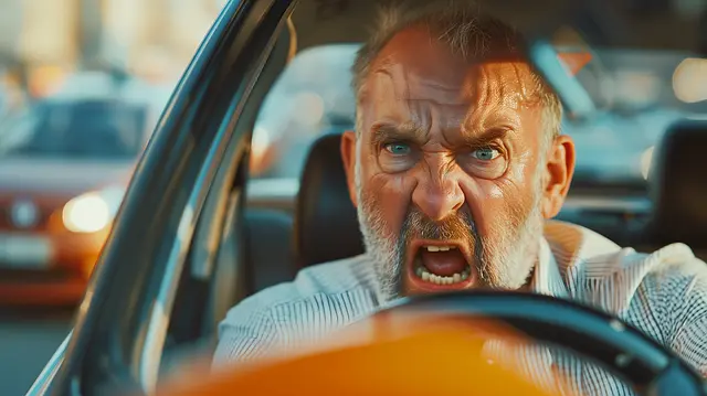 A photo of congested New York City traffic with one driver clearly agitated (hands raised or gesturing), blurred background to avoid identifying people.