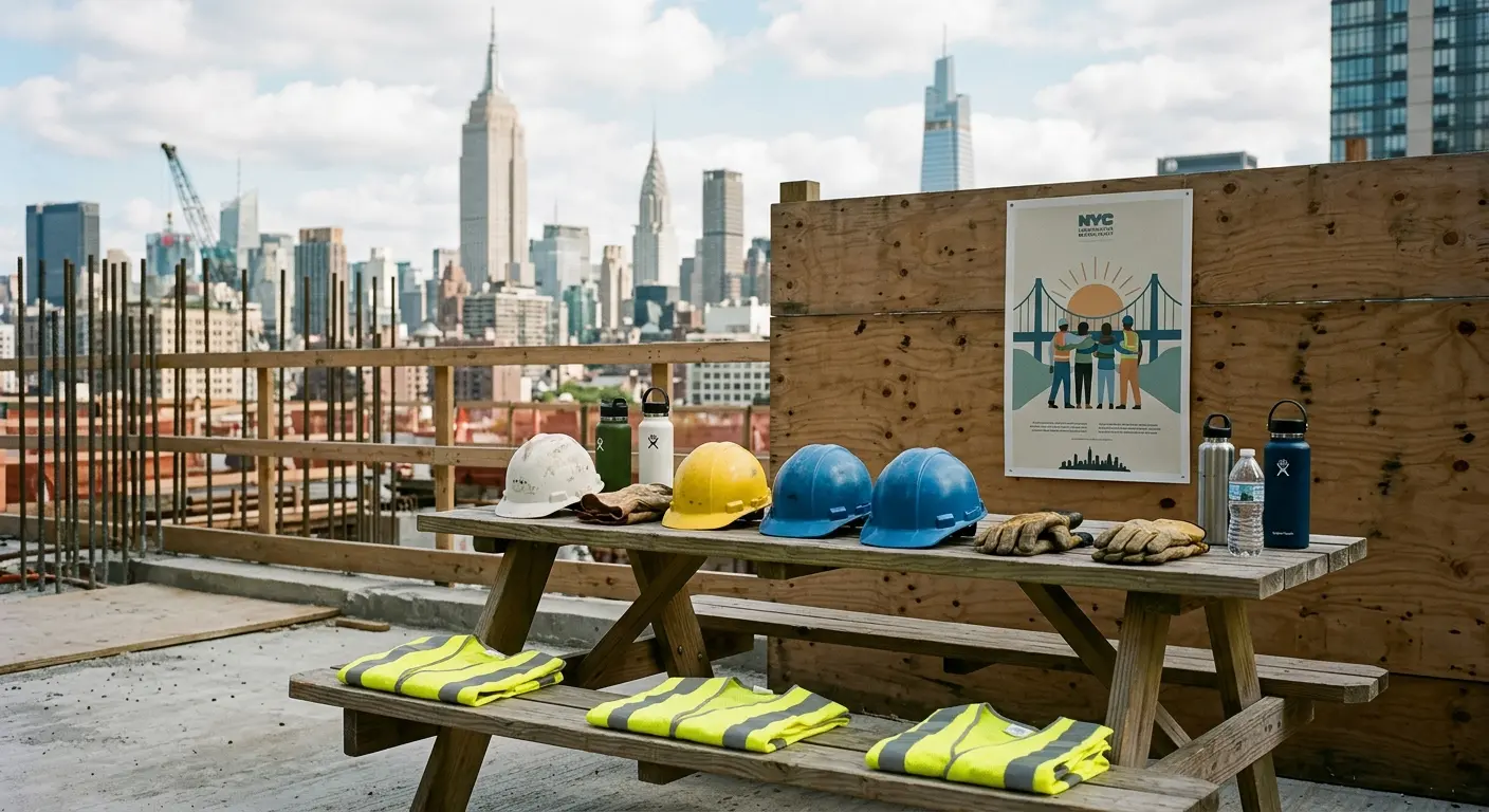 Zona de descanso tranquila en la obra, con material de seguridad que simboliza la campaña de concienciación de la Semana de Prevención del Suicidio en el Sector de la Construcción de Nueva York.