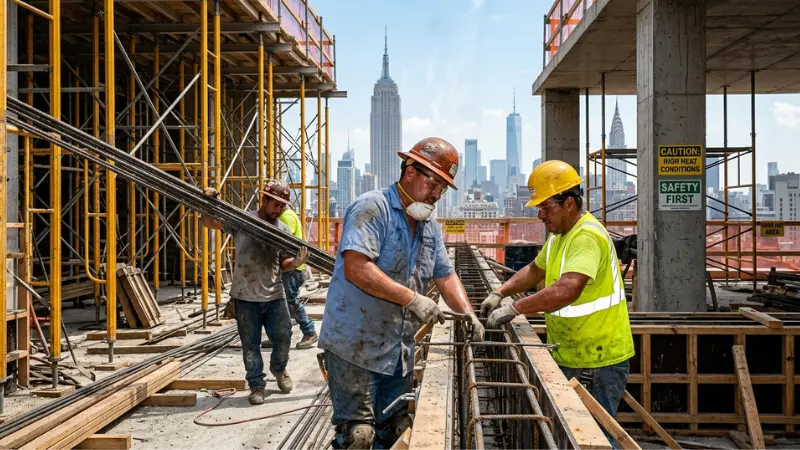 Construction workers standing on a hot New York City construction site during summer representing Heat Illness Prevention concerns.