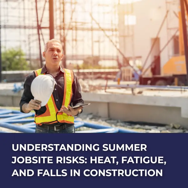 Un obrero de la construcción, con chaleco amarillo y casco, se encuentra de pie en una obra bajo un sol abrasador, con aspecto cansado, junto a un texto en blanco superpuesto que reza: «Comprender los riesgos en las obras durante el verano: calor, fatiga y caídas en la construcción».