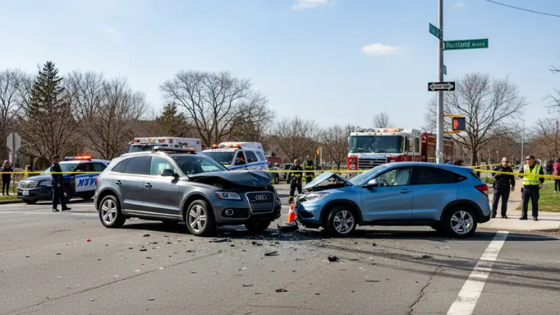 A realistic illustration of emergency responders at the scene of a Staten Island car crash on Rockland Avenue and Forest Hill Road, showing two damaged SUVs under clear skies. NYc car crash