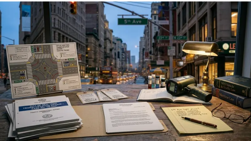 Investigation documents and traffic review materials representing a Manhattan pedestrian crash investigation in New York City.