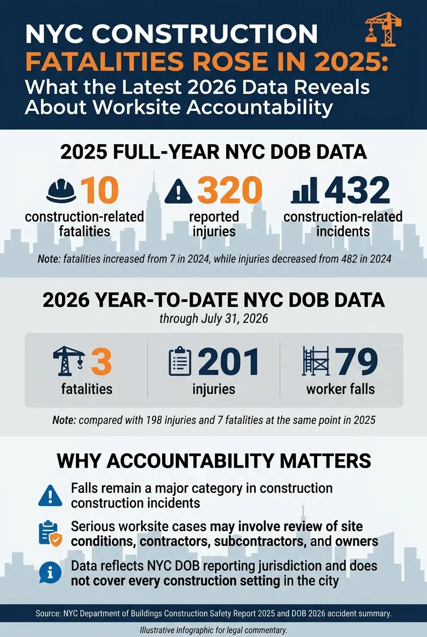 Infografía que muestra que las muertes en accidentes de construcción en Nueva York aumentaron en 2025, con 10 fallecidos, 320 heridos y 432 incidentes, además de datos preliminares del Departamento de Edificación de Nueva York (DOB) correspondientes a 2026, que indican 3 fallecidos, 201 heridos y 79 caídas de trabajadores hasta el 31 de julio.