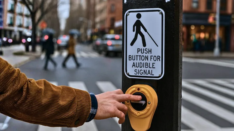 Peatón pulsando el botón amarillo de un poste de señalización accesible para obtener señales acústicas de cruce en un paso de peatones de Nueva York.