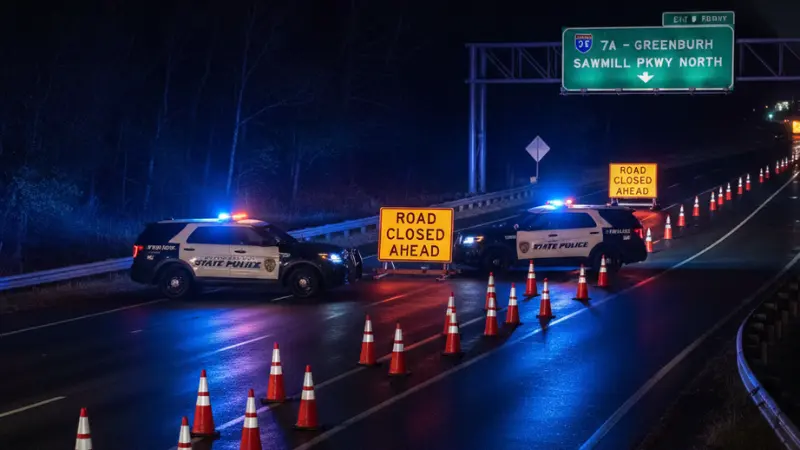 Nighttime view of a tractor-trailer and car collision on the NY Thruway with emergency lights and road cones near Exit 7A in Greenburgh, New York.
