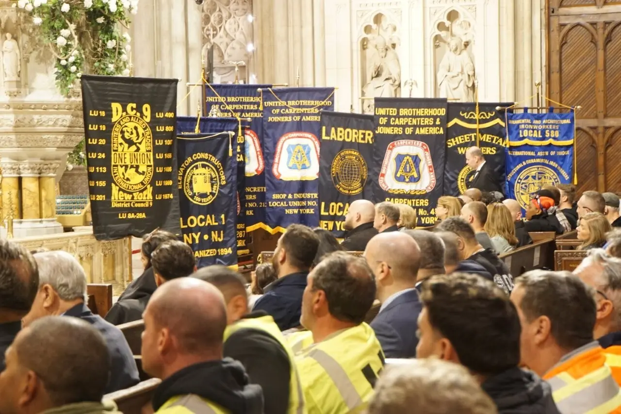 Construction union banners displayed during memorial mass honoring workers killed or injured on jobsites at St. Patrick’s Cathedral in New York City