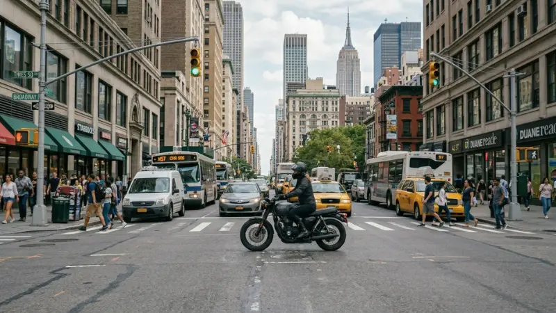 Motorcycle rider in NYC traffic representing Motorcycle Safety Awareness Month Begins in NYC