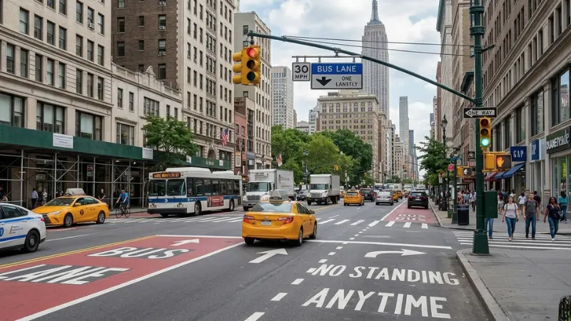 New York City street with bus lane and traffic signals representing transportation conditions related to bus accident injuries.