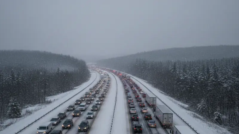 Snowy highway scene depicting emergency lights and stalled vehicles after the I-81 crash near LaFayette, New York.