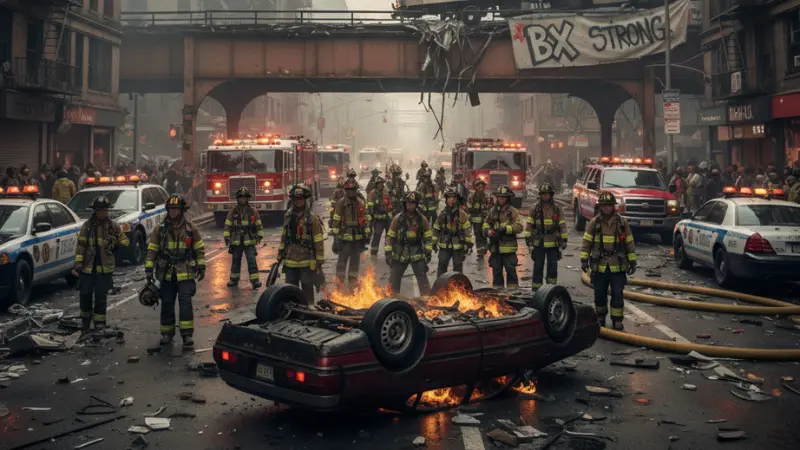 Los bomberos inspeccionan las secuelas de una enorme explosión en una calle del Bronx, en Nueva York, donde se pueden ver vehículos de emergencia y escombros en el lugar de los hechos.