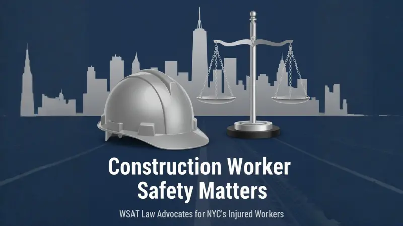 Cartel de concienciación digital en el que aparecen el perfil urbano de Nueva York, un casco de obra y la balanza de la justicia, con el texto: «La seguridad de los trabajadores de la construcción importa: el bufete WSAT Law defiende a los trabajadores lesionados de Nueva York».