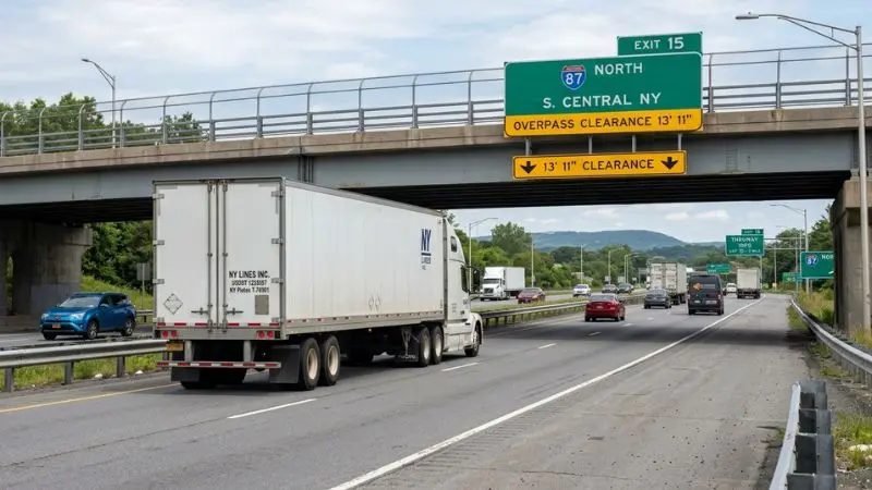 Tractor-trailer approaching an interstate overpass, illustrating bridge-clearance context associated with an I-87 bridge truck crash.