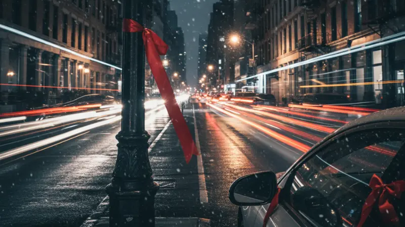 Nighttime NYC street with car headlights and a red ribbon symbolizing National Impaired Driving Prevention Month.