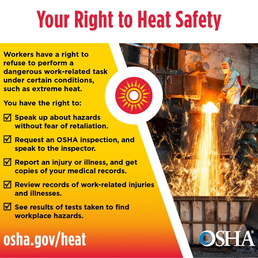 Infografía sobre «Tu derecho a la seguridad frente al calor», elaborada por osha.gov, para ayudarte a comprender tus derechos y prevenir el calor, la fatiga y las caídas en el sector de la construcción