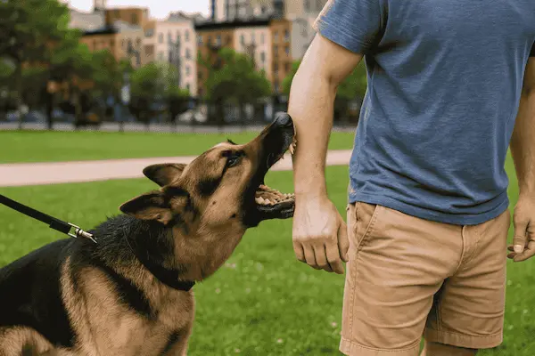 Un perro pastor alemán que muerde a una persona en el brazo durante un día de verano en un concurrido parque de Nueva York